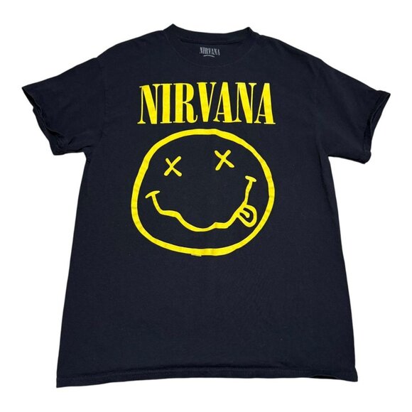 Modern Nirvana Smiley Face Logo Grunge Black Cotton‎ Shirt Men’s Medium - Picture 1 of 4